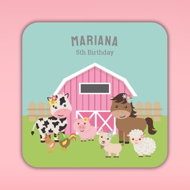 PINK FARM PARTY INVITATION SQUARE STICKER (Creator Uploaded)