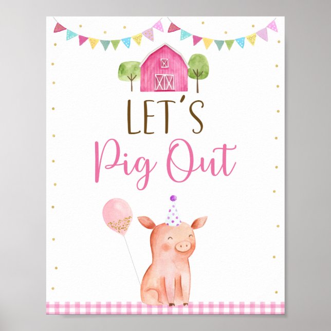 Pink Farm Pig Out Birthday Food Sign (Front)