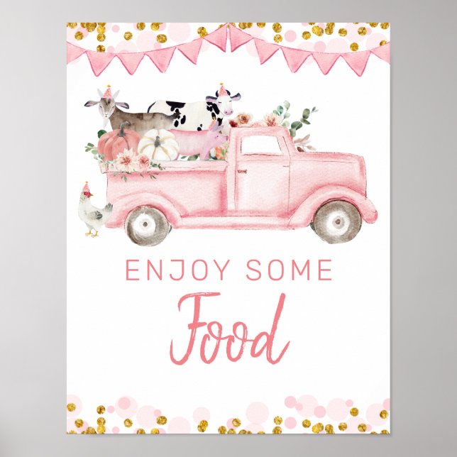 Pink Farm Truck Pumpkin Drive By Birthday Food Poster (Front)