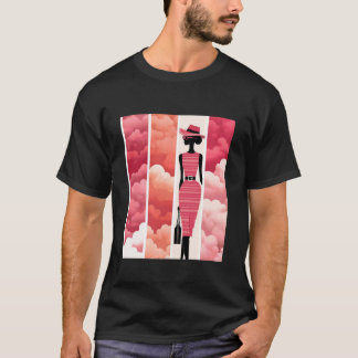 Pink Fashion Art with Silhouette and Retro Clouds T-Shirt