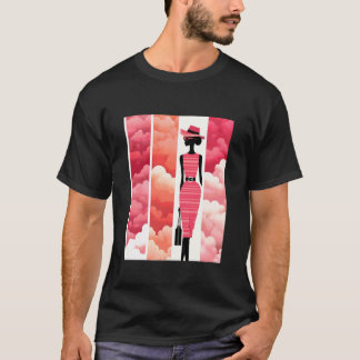 Pink Fashion Art with Silhouette and Retro Clouds T-Shirt
