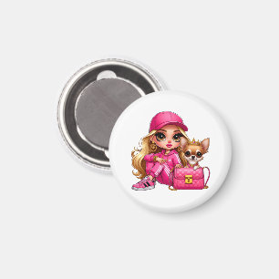 Pink Fashion Doll and Puppy Fleece Blanket Magnet