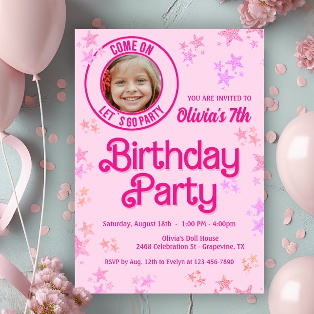 Pink Fashion Doll Photo Birthday Party Invitation (Cute pink doll birthday party invitation with a place for a photo. This is an any age invitation.)