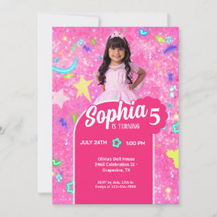 Pink Fashion Doll Photo Birthday Party  Invitation