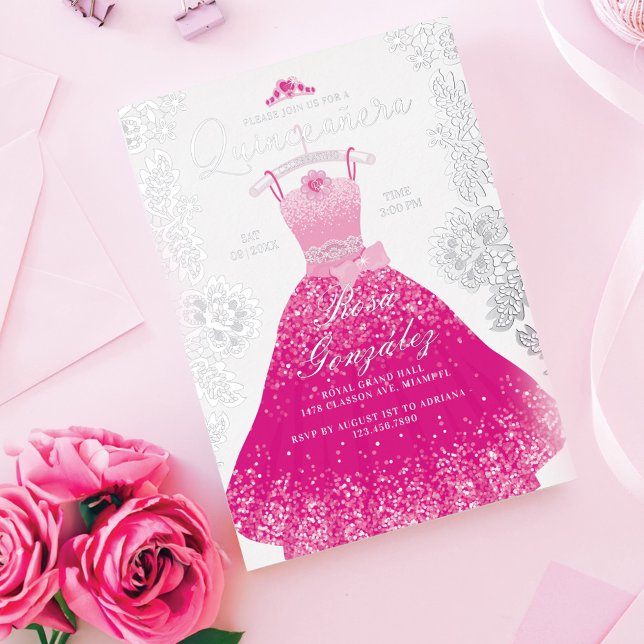 Pink Fashion Dream Princess Gown Quinceanera Party (Pink Fashion Dream Princess Gown Quinceanera Party Foil Invitation)