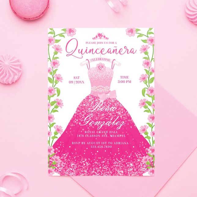 Pink Fashion Dream Princess Gown Quinceanera Party Invitation (Pink Fashion Dream Princess Gown Quinceanera Party Invitation)