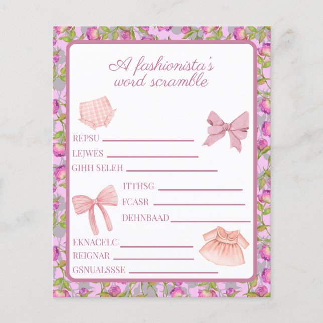 Pink Fashion Girl Birthday Word Scramble Activity (Front)