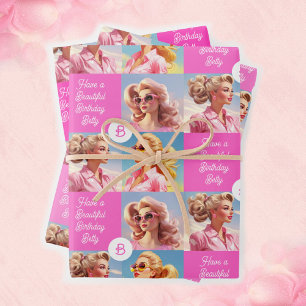 Pink Fashion Personalise Girl's Name Birthday Wrapping Paper Sheet