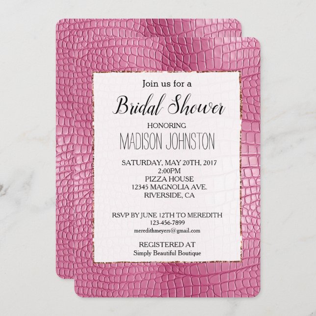Pink Faux Alligator Animal Bridal Shower Invitation (Front/Back)