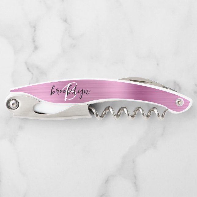 Pink Faux Brushed Metal Monogram Script Corkscrew (Front)