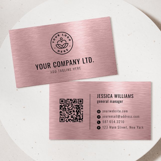 Pink Faux Brushed Metal Professional QR Code Business Card (Creator Uploaded)