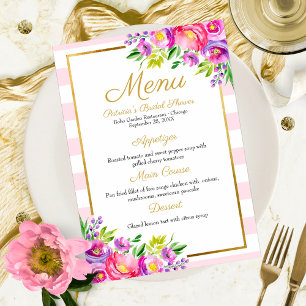 Pink & Faux Foil Gold Floral Bridal Shower Menu Invitation