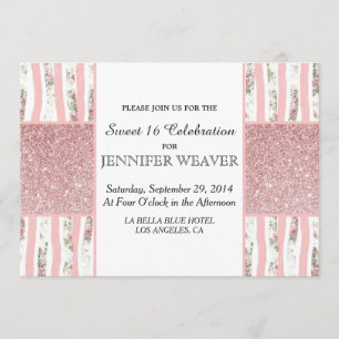 Pink Faux Glitter and Floral Brush Stroke Stripes Invitation