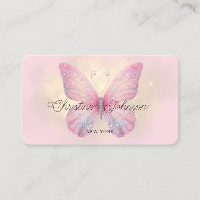 pink faux glitter butterfly logo business card (Front)