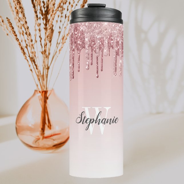 Pink Faux Glitter Drip Sparkle Ombre Monogram Thermal Tumbler (Creator Uploaded)