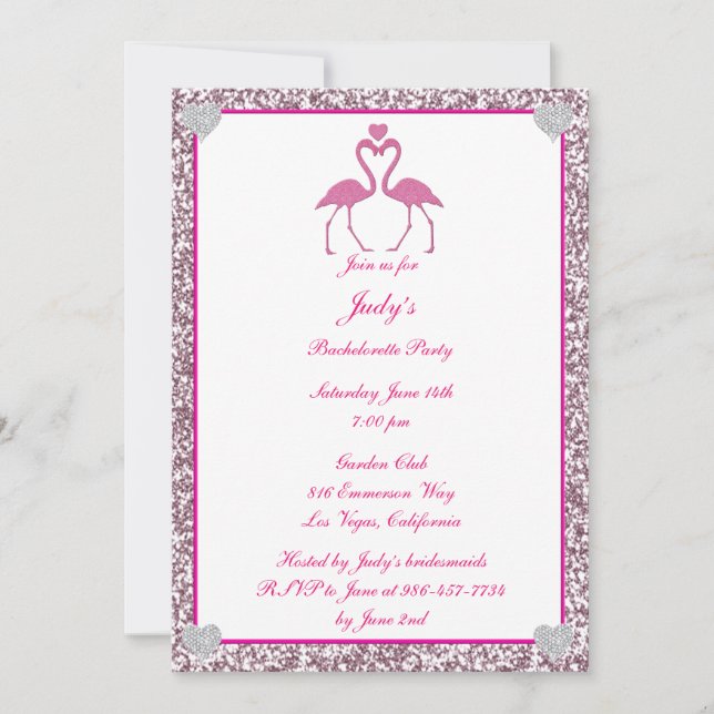 Pink Faux Glitter Flamingo Bachelorette Party Invitation (Front)