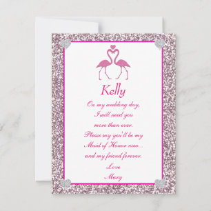 Pink Faux Glitter Flamingo Love Maid Of Honour Car Invitation