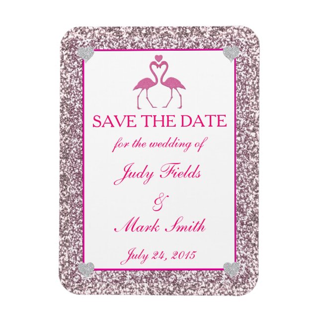 Pink Faux Glitter Flamingo Save The Date Magnet (Vertical)
