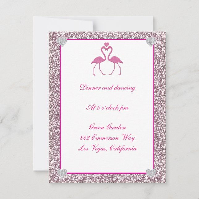 Pink Faux Glitter Flamingo Wedding Reception Card (Front)