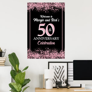 Pink Faux Glitter Flowers 50th Anniversary Poster