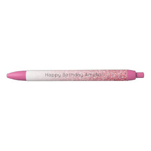 Pink Faux Glitter Glam Birthday Black Ink Pen