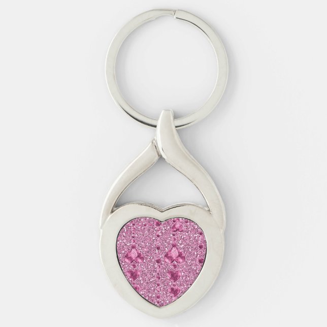 Pink Faux Glitter & Heart Droplets Key Ring (Front)