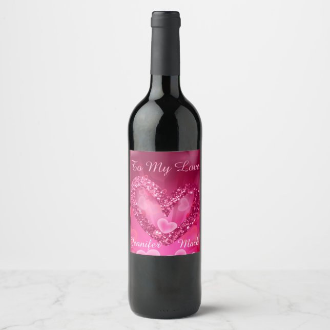 Pink Faux Glitter Hearts & Bokeh Hearts Wine Label (Front)
