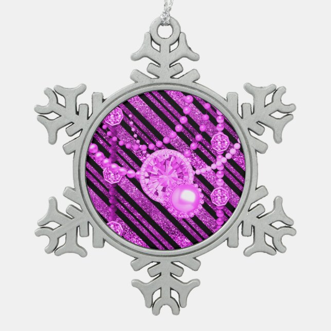 Pink Faux Glitter & Jewels Pewter Snowflake Christmas Ornament (Front)