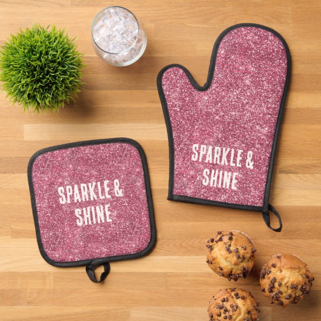Pink Faux Glitter Oven Mitt & Pot Holder Set (Top Down)