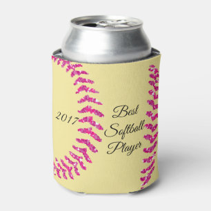 Pink Faux Glitter Softball Stitches Can Cooler