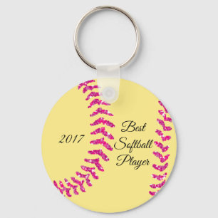 Pink Faux Glitter Softball Stitches Key Ring