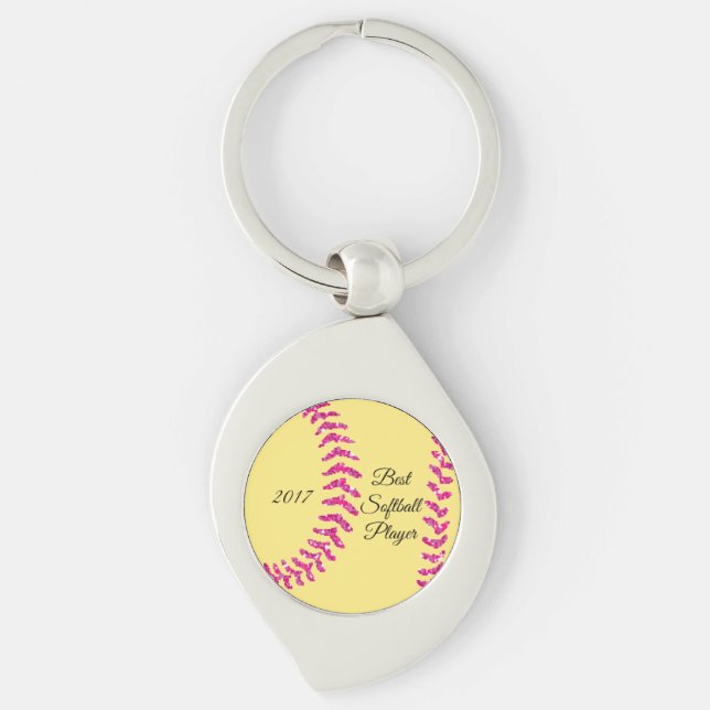 Pink Faux Glitter Softball Stitches Key Ring (Front)