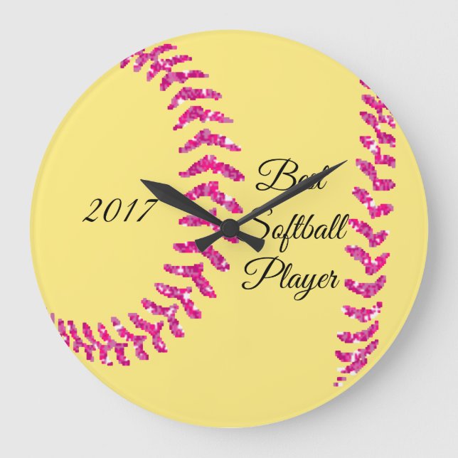 Pink Faux Glitter Softball Stitches Large Clock (Front)