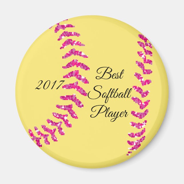Pink Faux Glitter Softball Stitches Magnet (Front)