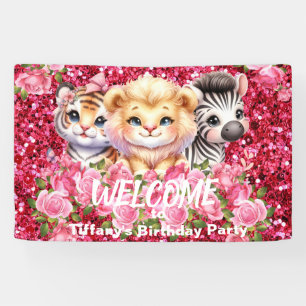 Pink Faux Glitter Wild Animals Party Sign Banner