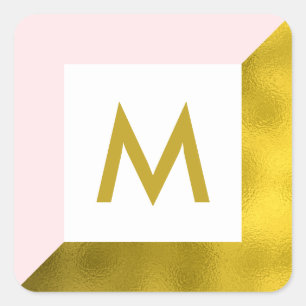 Pink Faux Gold Foil Monogram Square Sticker