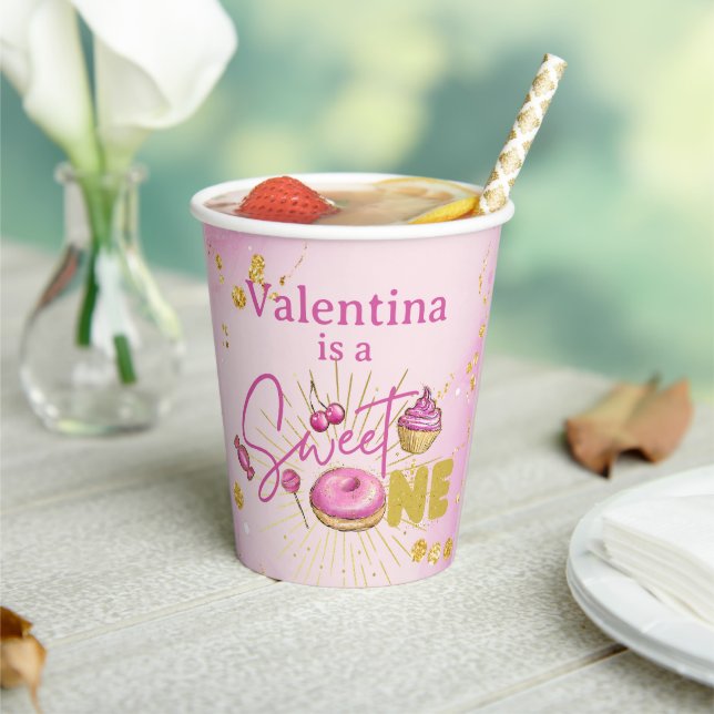 Pink Faux Gold Glitter Sweet One 1st Birthday Paper Cups (Insitu)