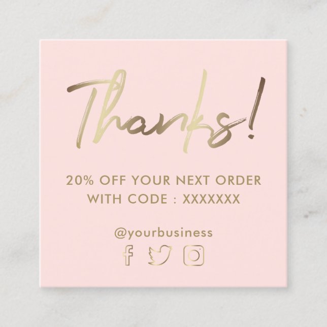 pink faux gold thank you square business card (Front)