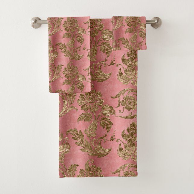 Pink Faux Gold Velvet Elegant Bathroom Bath Towel Set (Insitu)