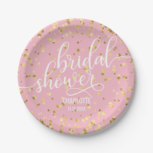 Pink Faux Gold White BRIDAL SHOWER Paper Paper Plate (Front)