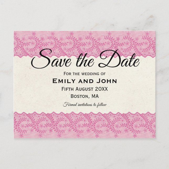 Pink Faux Lace/Cream Parchment Save The Date Announcement Postcard (Front)