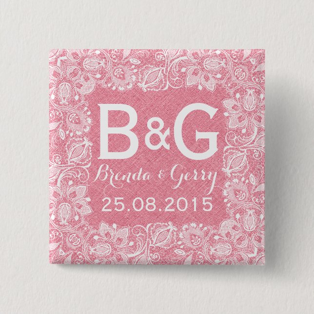 Pink Faux Linen & White Floral Lace Frame 2 15 Cm Square Badge (Front)