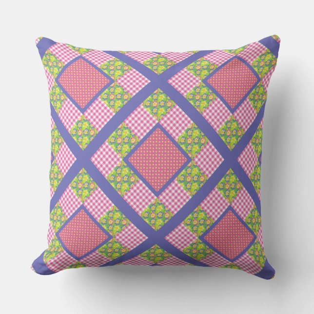 Pink Faux Patchwork, Primroses, Polkas and Gingham Cushion (Front)