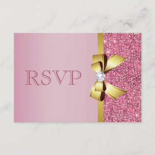 Pink Faux Sequins Gold Bow & Diamond RSVP Card