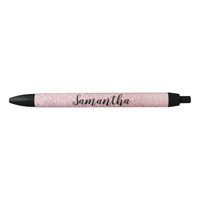 Pink Faux Sparkly Glitter Girly Name Black Ink Pen (Front)