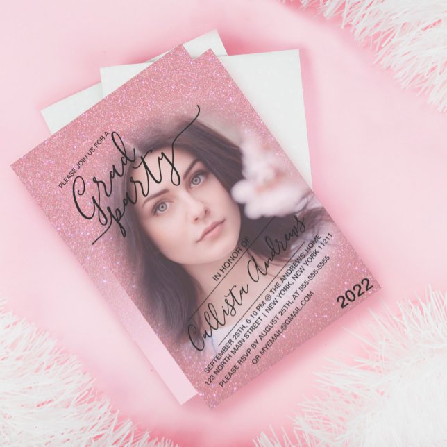 Pink Faux Sparkly Glitter Ombre Photo Graduation Invitation (Creator Uploaded)