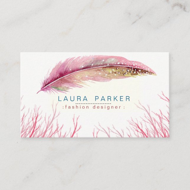 Pink Feather Watercolor Boho Girly Chic Bohemian Business Card (Front)