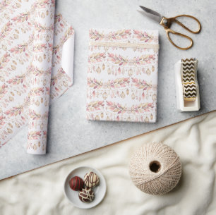 Pink Feathers and Leaves Wrapping Paper
