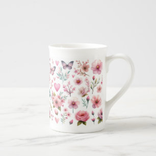 Pink Feminine Floral Butterflies Bone China Mug