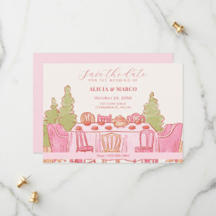 Pink feminine pastel tea party wedding save the date